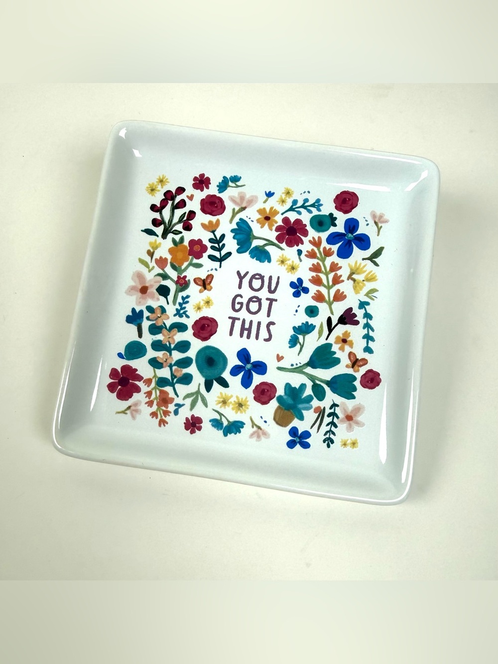 Primitives by Kathy Square “You Got This” Ceramic Floral Vanity Jewelry Tray NWT